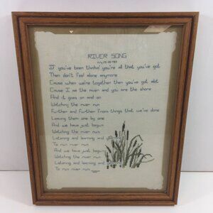 Vintage Handmade Cross Stitch River Song July 25-30 1983 Poem Wood Frame 12"x15"